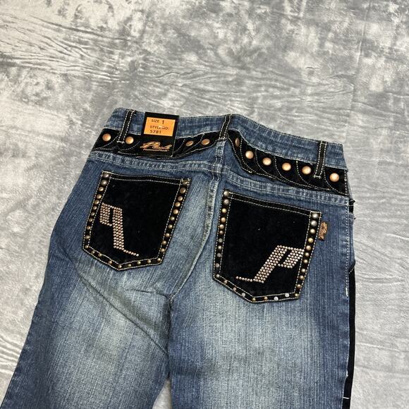 New Platinum Plush Embroidered Studded Straight Jeans Womens Size 1‎ Velvet Blue - Picture 9 of 10